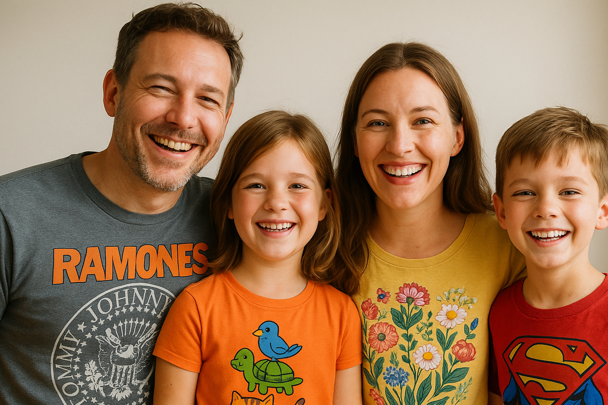 HAPPY FAMILY WEARING TSHIRTS WITH PRINTS IN THEM